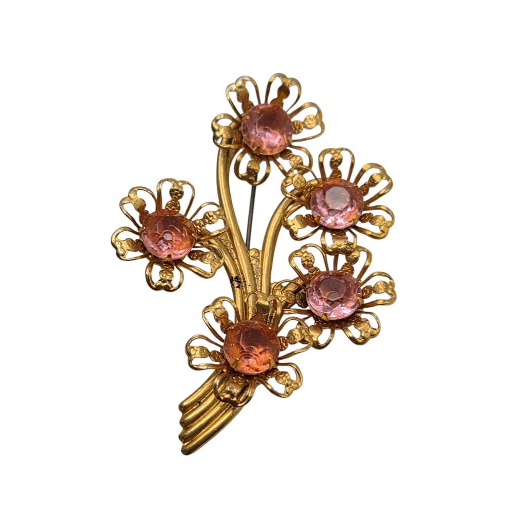 Vintage Pink Rhinestone Floral Brooch Gold Tone Flower Spray Pin